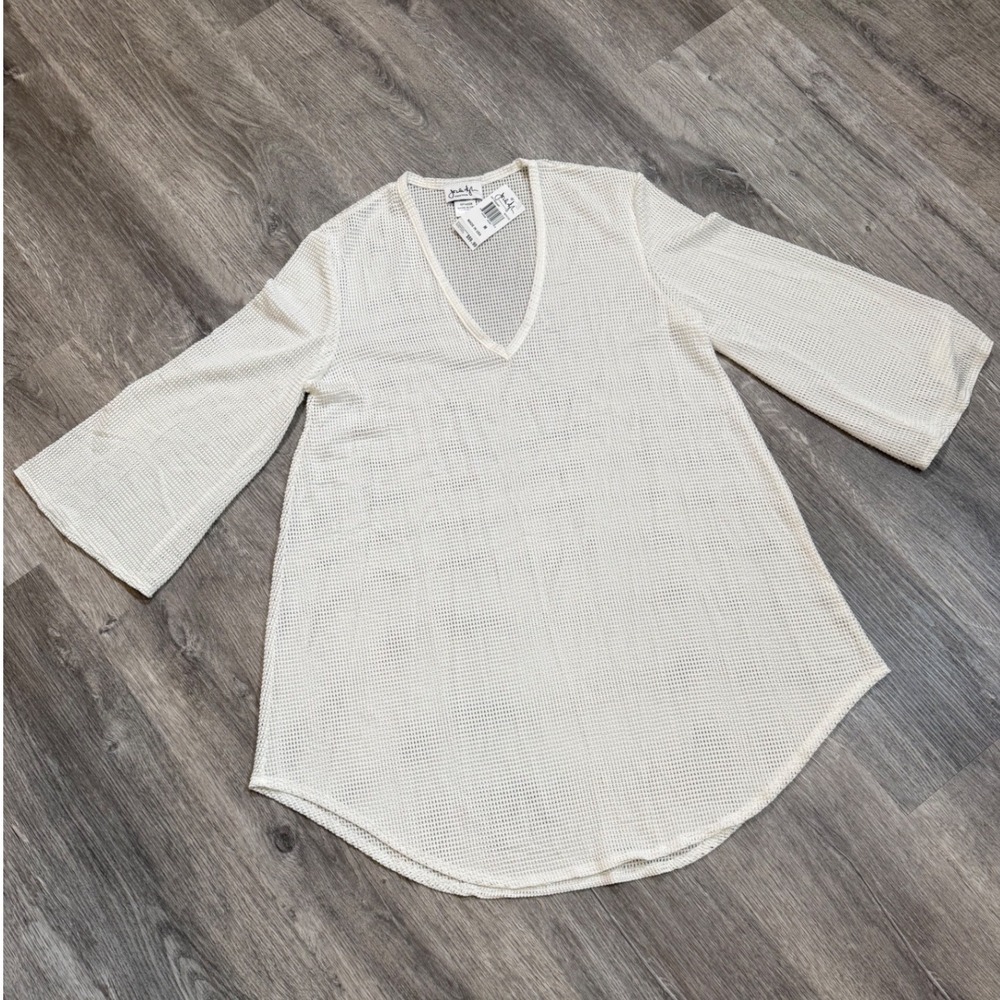 Jordan Taylor White Mesh Tunic Swim Cover‎ Up V-Neck Long Sleeve NWT Med